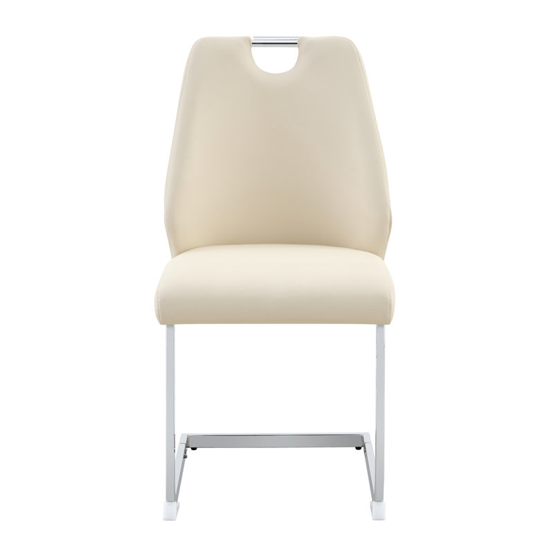 Ensemble de 2 chaises de salle à manger en similicuir blanc cassé avec texture en maille dorée, anneau arrière argenté et poignée chromée, chaise de salle à manger rembourrée à dossier haut (blanc cassé, ensemble de 2)