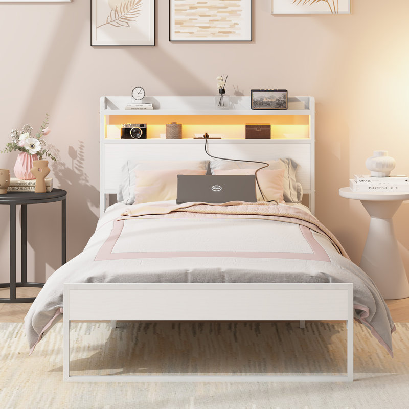 Cerridwen Twin Platform Metal Bookcase Storage Bed With RGB LED Lights And Charging Station, White