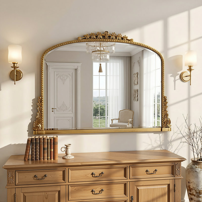 Miroir de salle de bain rétro gravé, miroir mural arqué, Or, 24"×36"