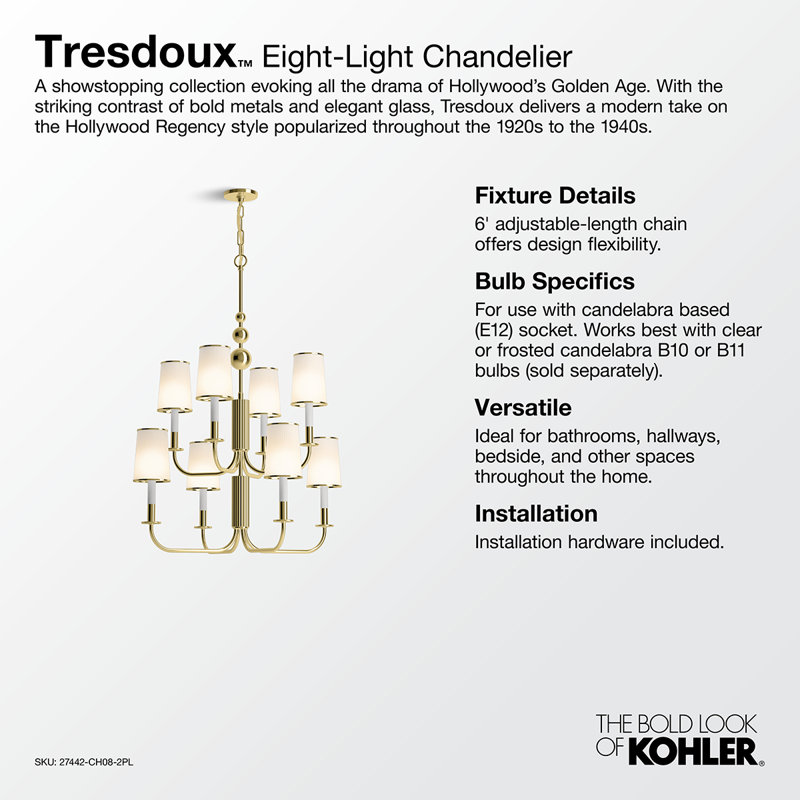 Tresdoux Eight-Light Chandelier, Polished Brass