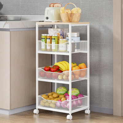 Chariot de rangement à 4 niveaux pour fruits et légumes avec plateau en bois, range-tout sur roulettes pour pommes de terre, oignons, pain, collations et articles de cuisine