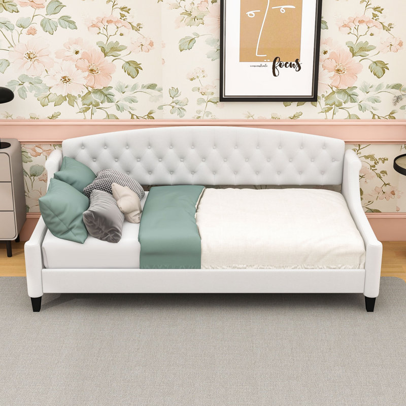 Twin Upholstered Daybed with Tufted Button Design, Beige