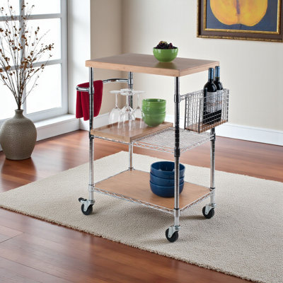 Norris Natural Bamboo and Chrome Utility Kitchen Cart with Casters, 38.51" H X 26.50" W X 17.42" D