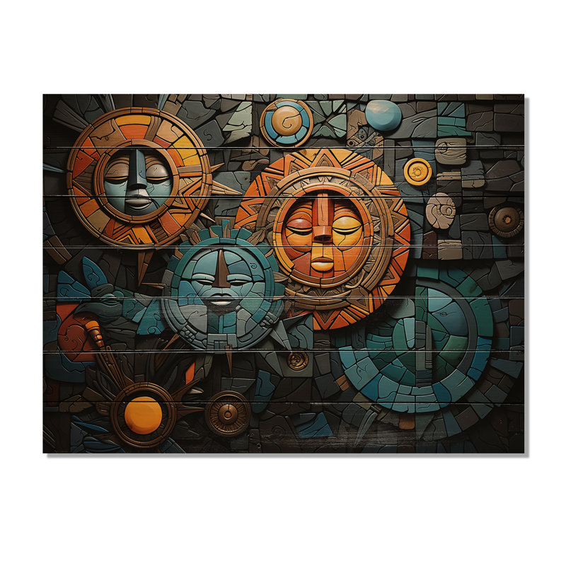 Impression de mosaïque africaine sur bois naturel, H 30 po x l 40 po x P 0,78 po