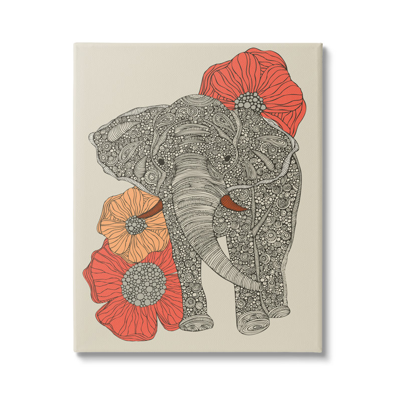 Éléphant debout, coquelicots lumineux, motif floral de fractales - impression sur toile tendue, H 40 po x l 30 po x P 1,5 po