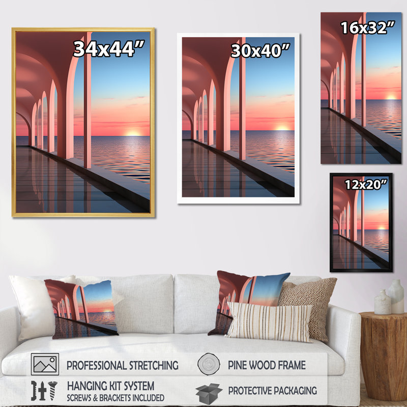 «Sunset Coastal Architecture Serenity I», reproduction sur toile, Cadre flottant doré, H 44 po x l 34 po x P 1,5 po