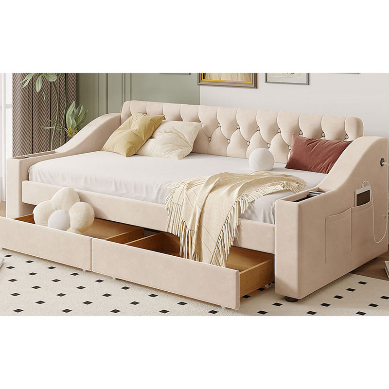 Upholstered Daybed With Storage Armrests And USB Port, Beige