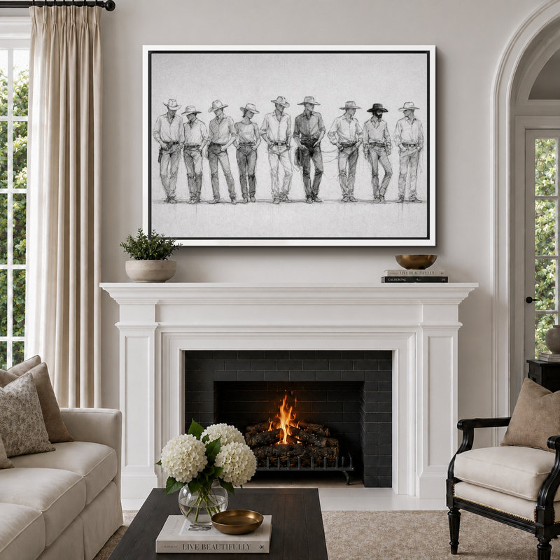 Illustration de ligne Western Cowboy, photos de salon rustique ranch, impression sur toile encadrée, Cadre blanc
