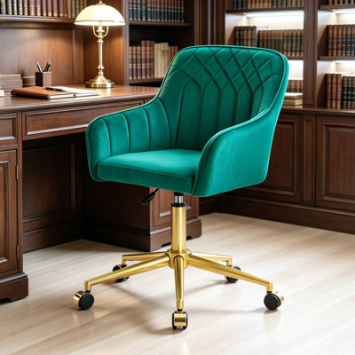Chaise de bureau réglable en velours vert avec roulettes, fauteuil de coiffeuse pivotant ergonomique avec base en métal doré
