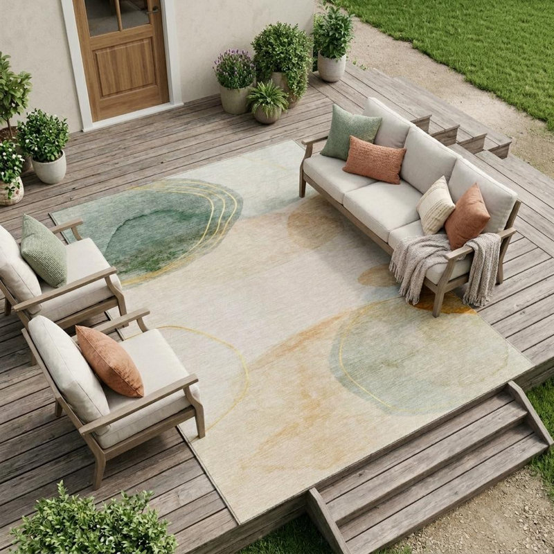 Tapis extérieur lavable antidérapant beige et vert 9 pi x 12 pi
