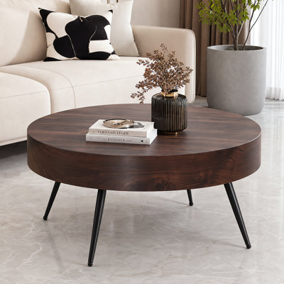 Table basse ronde de style Mid-Century de 31,5 pouces, plateau épais en noyer, pattes en métal