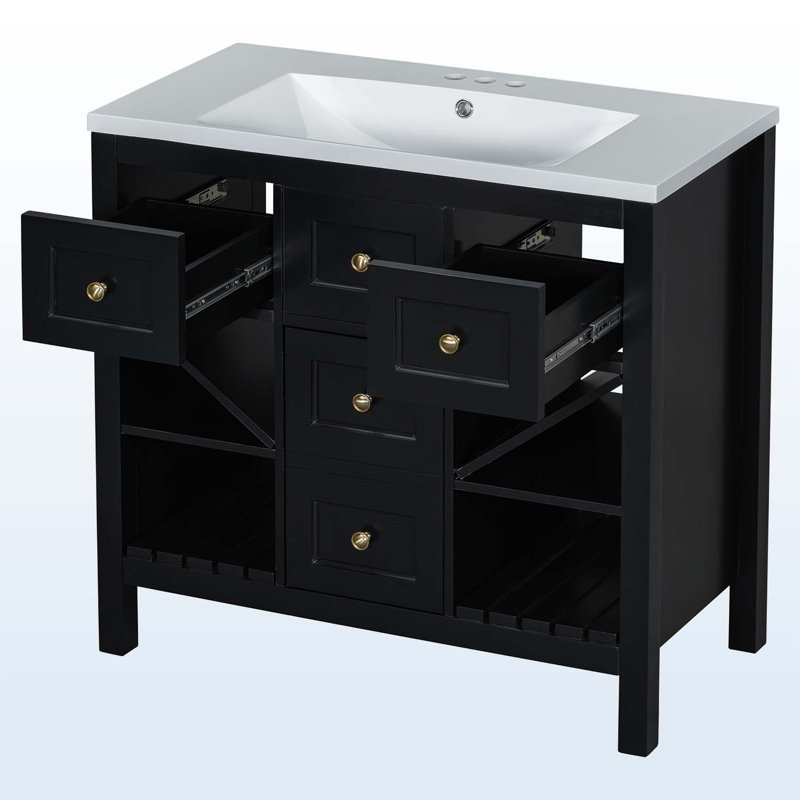 Ensemble de meuble-lavabo autoportant avec 5 tiroirs et portes à fermeture douce, Noir, noir, noir, noir