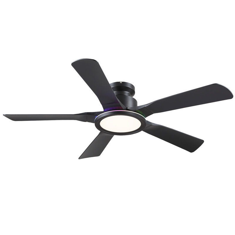 52" Flush Mount Ceiling Fan With Rgb Ring Light, Black, Black