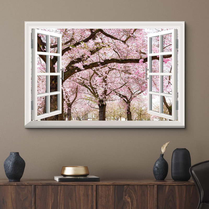 Fenêtre, paysage, cerisier rose / fleur de sakura au printemps - impression sur toile tendue, H 32 po x l 48 po