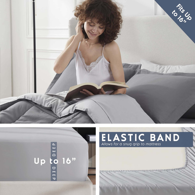 Ensemble d'édredon réversible avec draps Bed-in-a-bag, Gris, Édredon double et 5 pièces supplémentaires
