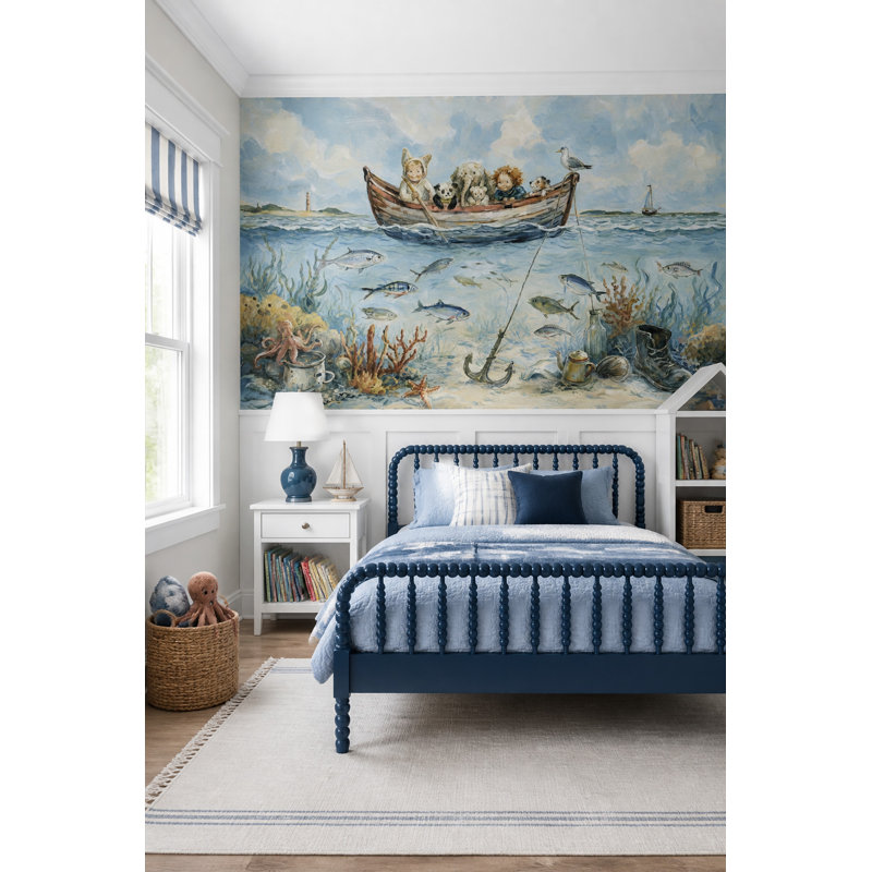 Fresque murale illustrée pour chambre d'enfant, thème océan et aventure, 140"x108", Peler et coller