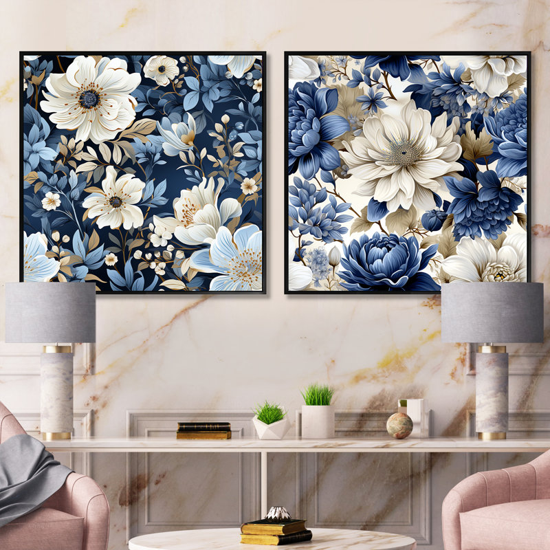 Polston - Ensemble de 2 collages floraux carrés, Cadre flottant noir, H 30 po x l 61 po