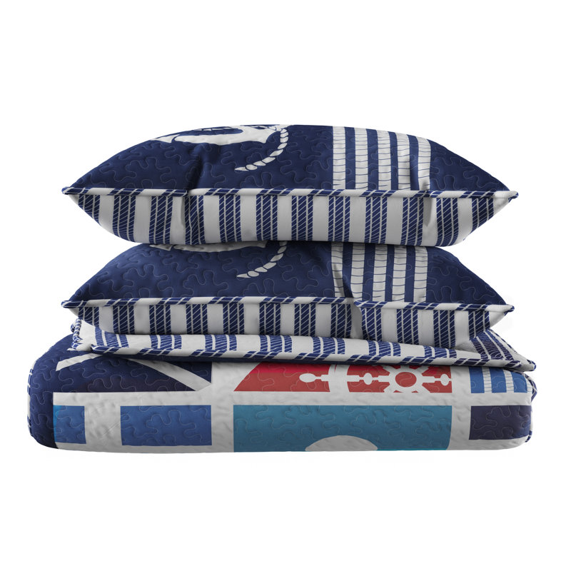  Reversible Coastal-Themed Quilt Set with Sham - Hypoallergenic Microfiber Bedding, Full / Queen