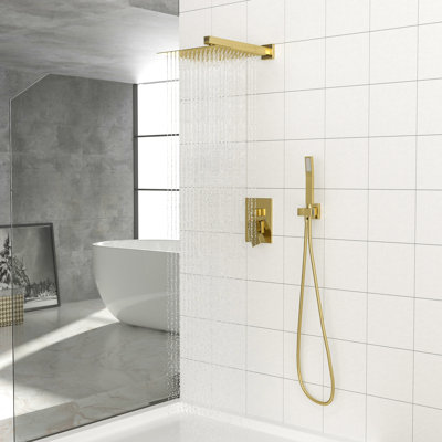 Ensemble de douche double avec pommeau doré - Système de douche mural carré de 25 cm (10 pouces) avec jet réglable et douchette à main