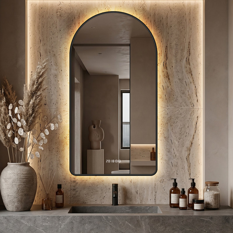Miroir de salle de bain arqué à DEL avec cadre en aluminium noir anti-buée à intensité variable et affichage de la température