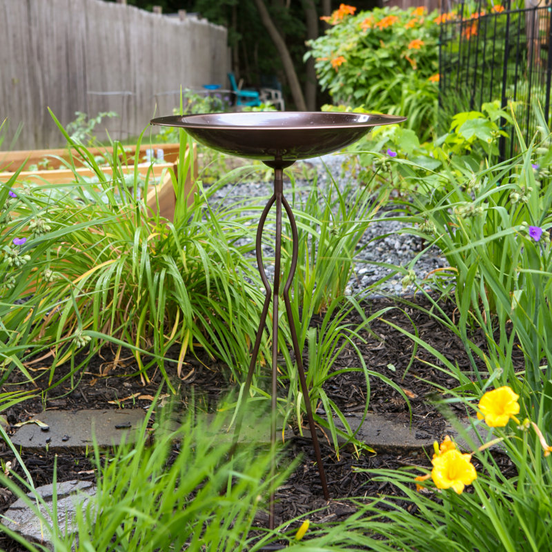 Antique Copper Birdbath with Bronze Wrought Iron Tripod Stake