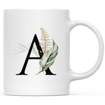 Tasse à café personnalisée avec monogramme personnalisé lettres initiales A à Z, tasse à café en céramique sur mesure 11 oz, feuille tropicale