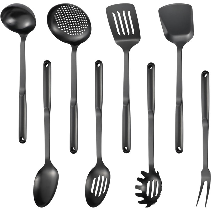 Ensemble d'ustensiles de cuisine 304 en acier inoxydable 304, ustensiles de cuisine 8 pièces avec écumoire, louche, desserte à spaghetti, spatule wok, cuillère rainurée, cuillère solide, four à viande et four à viande