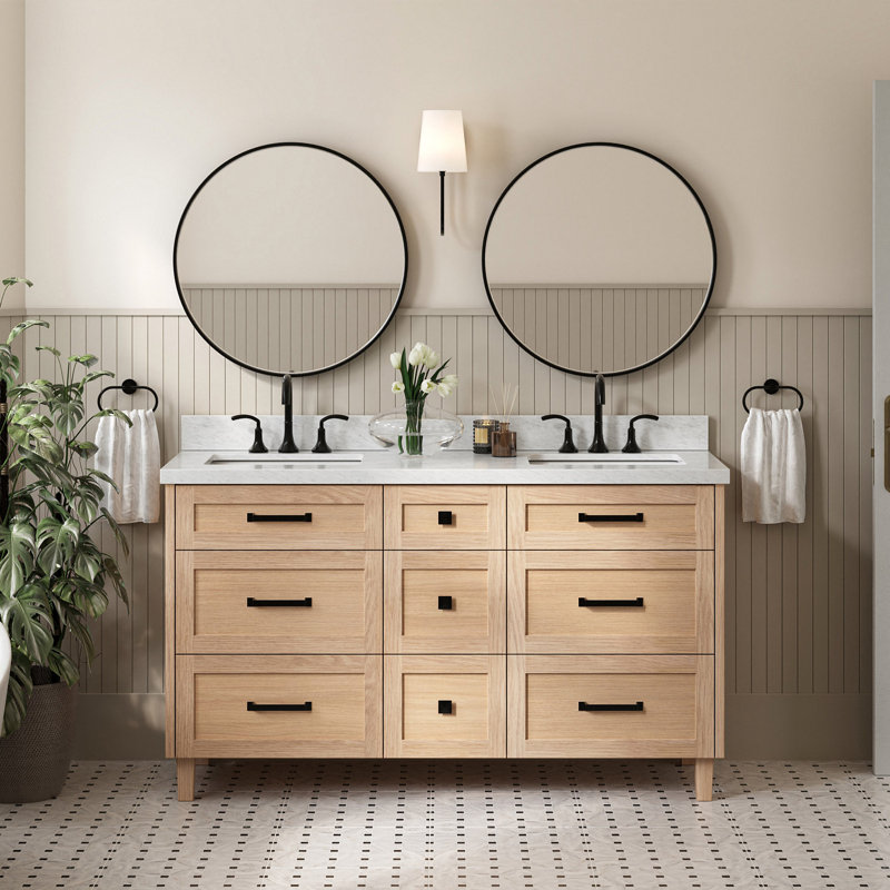 Ariel Monroe 61 Inch Double Rectangular Sink Bathroom Vanity With Italian Carrara Marble Countertop, Oak