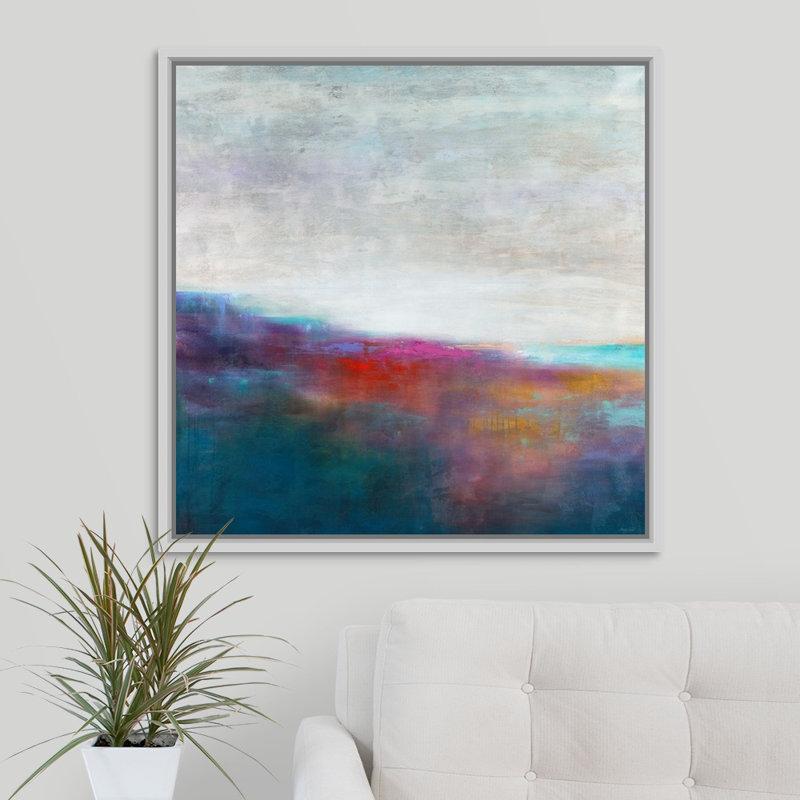 « turquoise aube », peinture sur toile, H 31,7 po x l 31,7 po x P 1,75 po, Cadre flottant blanc