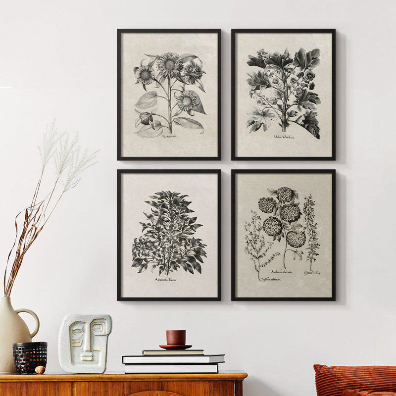 «Vintage Floral Print», impression encadrée, ensemble de 4, Noir, H 32 po x l 10 po