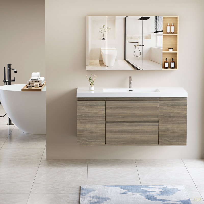 Meuble-lavabo flottant 48 po avec lavabo, meuble-lavabo mural moderne avec lavabo en résine et tiroirs à fermeture en douceur 48 po