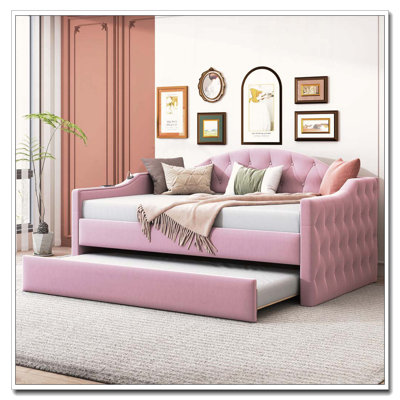 Twin Size Tufted Upholstered Daybed with Trundle, Velvet & USB/Type-C Charging