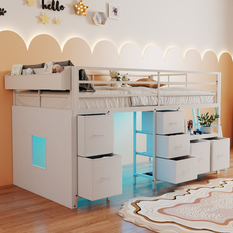 Twin Low Loft Bed with 7 Storage Drawers and RGB LED Lights,Metal Kids Loft Bed with Bookcase and 14" H Safety Guardrail,Inclined Ladder and Under-Bed Play Space,White