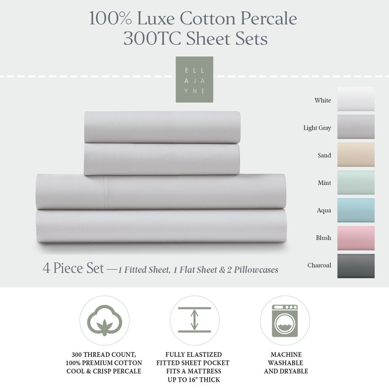  100% Cotton Percale Crisp and Cool Sheet Set (4 PC.), Queen, Light Gray