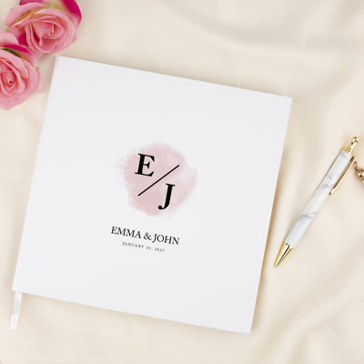 Livre d'or de mariage personnalisé, rosé, aquarelle rose, motif brossé, blanc