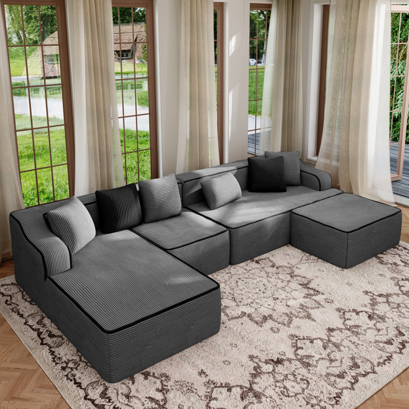 Canapé modulaire 6 places, canapé gris doux moderne de 134 po de large, aucun assemblage requis, pour le salon, Tissu gris