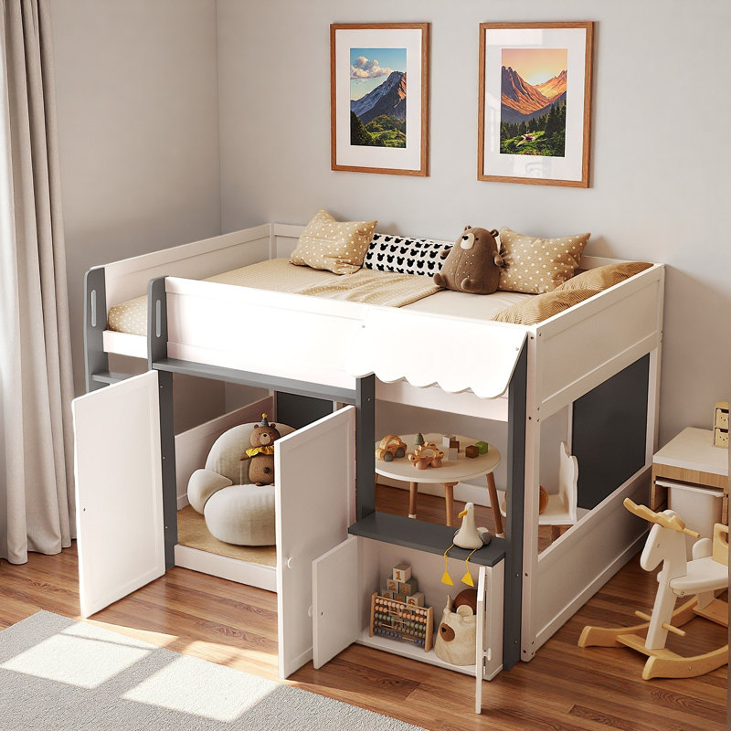 Lit mezzanine moderne avec maisonnette et rangement, Gris