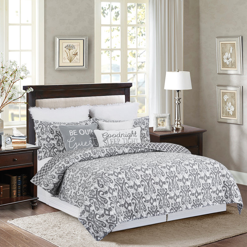  Ensemble de courtepointe réversible en coton standard gris / crème 3 pièces