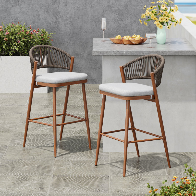 Outdoor 30.25" Seat Height Aluminum Frame Barstools With PE Rattan Scallop-Shaped Backrest, Set Of 2, Teak Finish, Gray, Teak