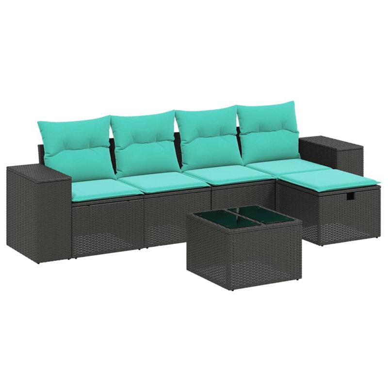 Ensemble de canapé de patio 6 pièces avec coussins en rotin de polyester, Bleu clair, Noir