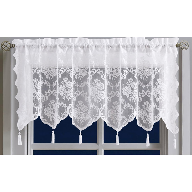 Luxury Lace Valance 54 W X 22 L Size With 6 Tassels For Vintage Kitchen, Dining Room Or Bathroom Décor, White