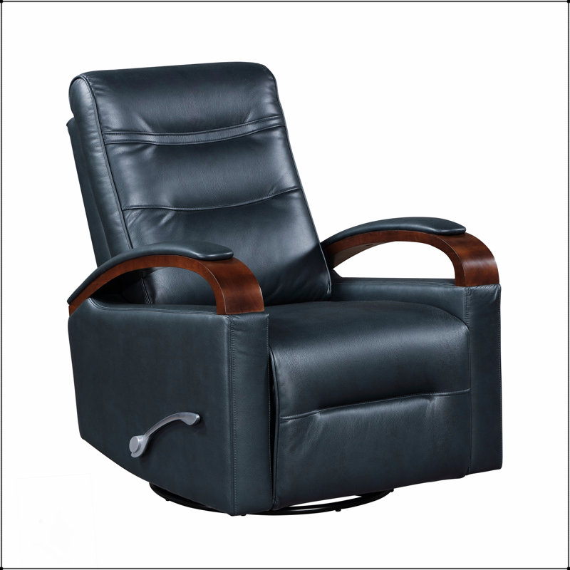 Luxurious Swivel Gliding Recliner With Faux Leather Upholstery And Solid Rubberwood Arms For Modern Living, Navy