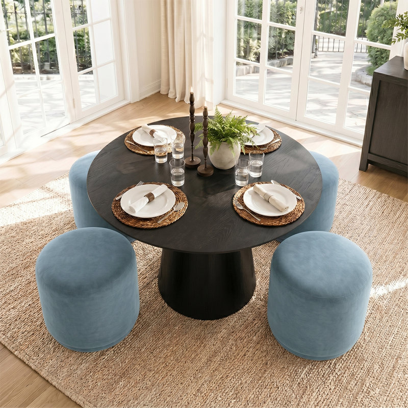 Ensemble de salle à manger rotatif 5 pièces 5 pièces, 42 po, table en chêne noir avec 4 repose-pieds en velours, Blue