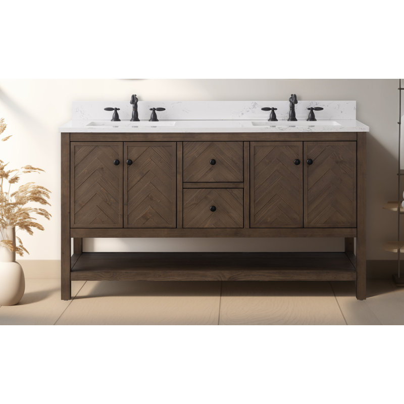 Chazden 60" Freestanding Herringbone Design Double Bathroom Vanity with Engineered Stone Top, Matte Black, Cocoa Brown