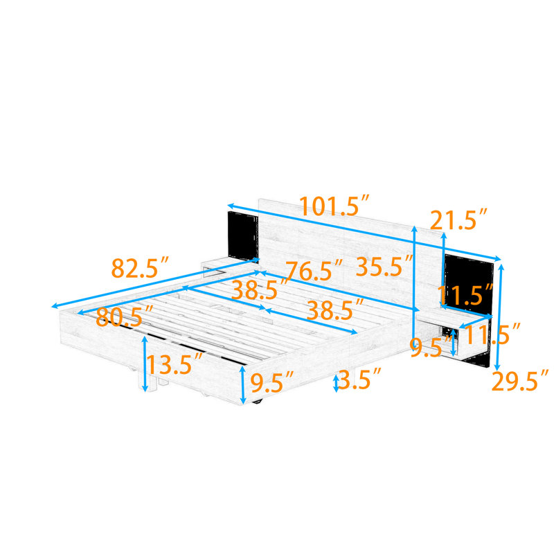 Modern Floating Platform Bed with LED Lighting and Built-in Nightstands, King, White
