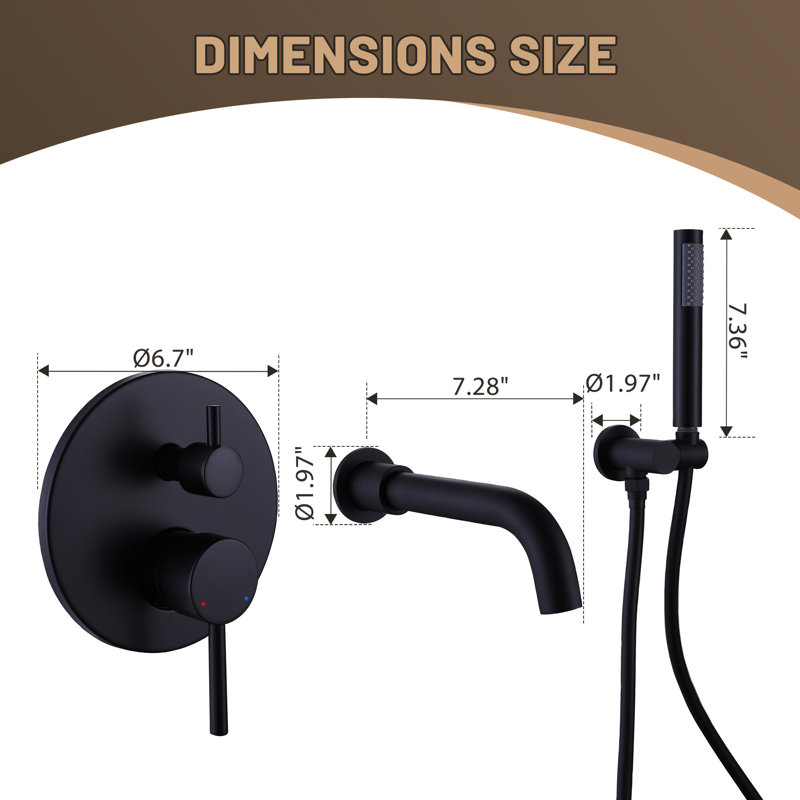 Robinet de baignoire mural en laiton massif 7,28 "avec douche à main, Noir mat
