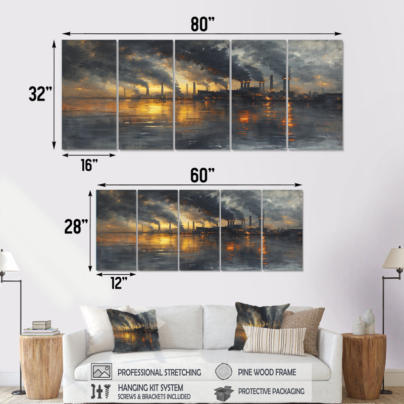 Ensemble d'œuvres d'art sur toile gris et charbon au charbon I - Power Plants, H 32 po x l 80 po