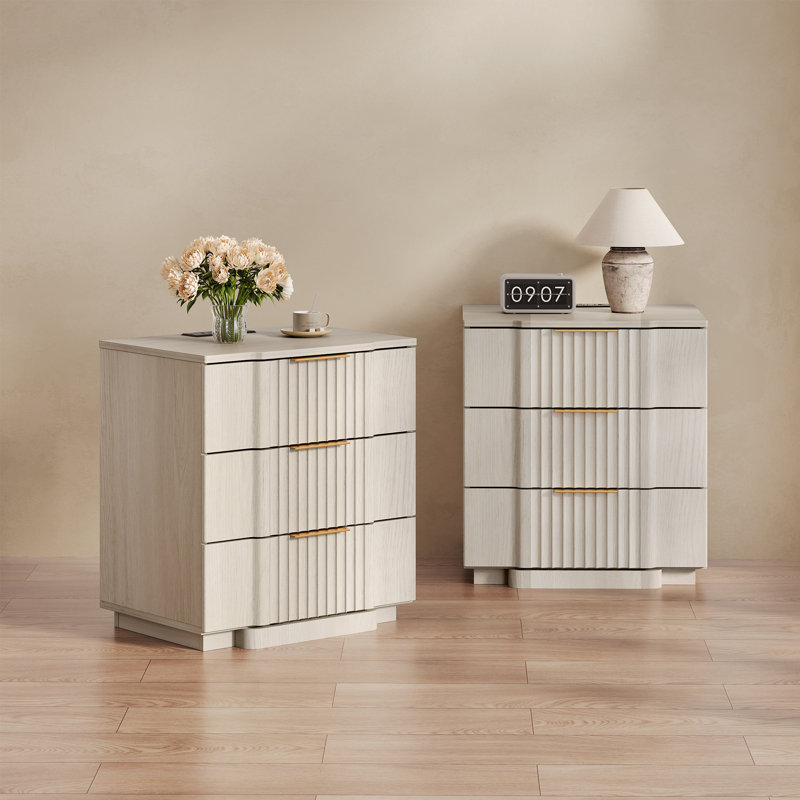 Designer Modern Minimalist Style 3-drawer Fluted Panel Nightstand With Charging Station（set Of 2）