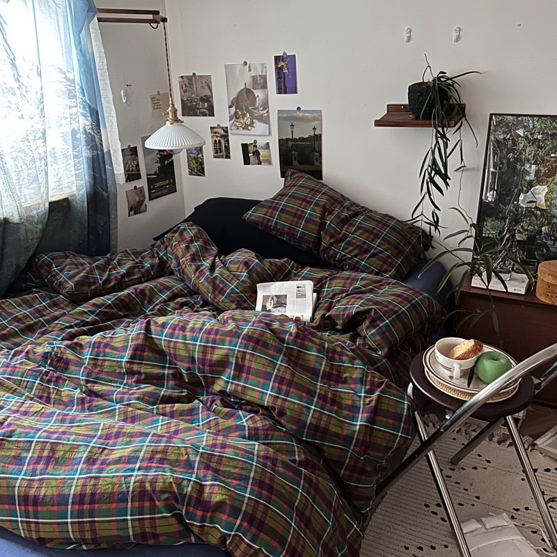 Vintage 3-Piece Cotton Duvet Cover Set With Pillow Shams, Red/Green Plaid, Twin Duvet Cover + 1 Standard Sham