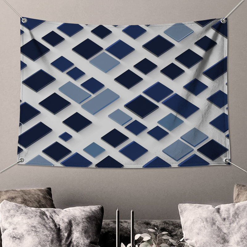 Tapisserie murale «Blue Square Tiles» - Décoration murale abstraite, 50in H x60in W with 4 Grommets